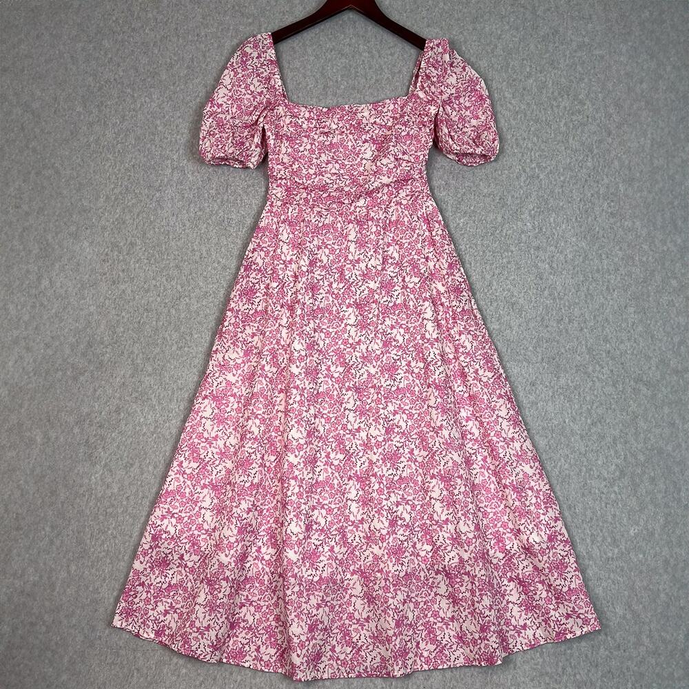 O.P.T Pink Floral Square Neck Short Puff Sleeve Midi Dress Size Small